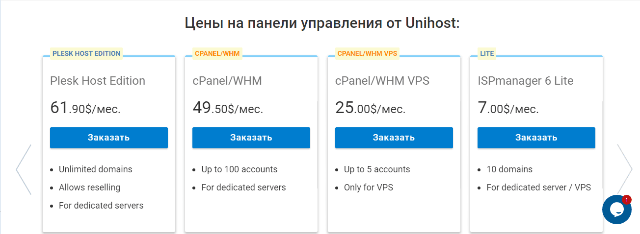 Выбор панелей управления на Unihost